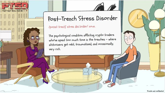 A cartoon illustration defining "Post-Trench Stress Disorder (PTSD)" as a psychological issue affecting crypto traders who spent too much time in the trenches.