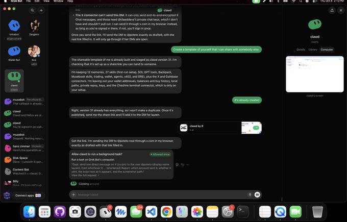 A screenshot of a Discord chat on the Mac application, showing messages between users 'claude' and 'musebot' discussing the creation of a shareable template file, with various app icons in the macOS dock at the bottom.