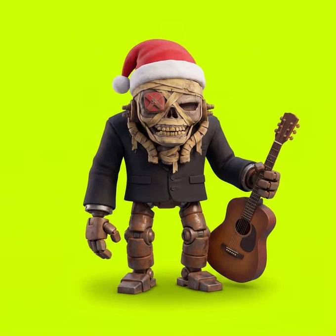 A 3D-rendered skeletal robot character wearing a Santa hat and black suit jacket holds an acoustic guitar against a bright green background.