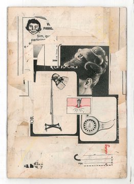 A mixed-media collage artwork featuring vintage illustrations of figures, a lamp, a portrait of a woman with styled hair, a rotary telephone dial, and text elements including 'FASHION', 'PRIME', and 'COLOR'.