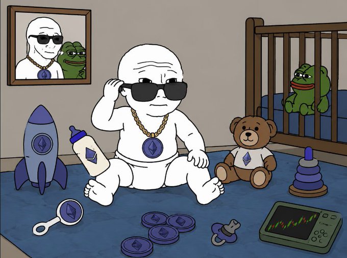 Cartoon illustration of a baby wearing sunglasses and an Ethereum logo medallion, sitting in a nursery with a crib (containing a Pepe frog), surrounded by crypto-themed toys including an Ethereum rocket, coins, and a trading chart tablet, with a framed photo of a man in sunglasses with a Pepe on the wall.