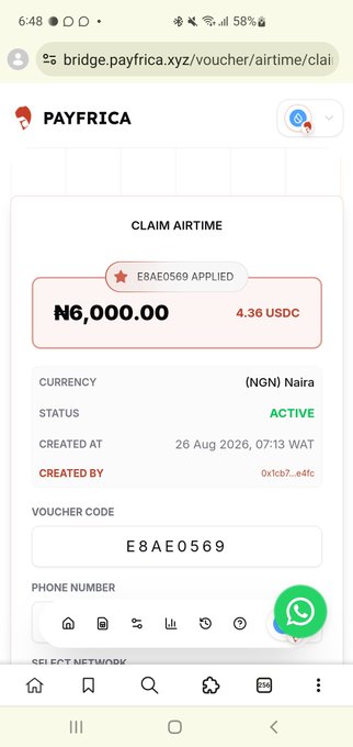 A Payfrica mobile voucher page titled 'CLAIM AIRTIME' showing ₦6,000.00 (4.36 USDC) for Nigerian Naira airtime, voucher code E8AE0569, with status ACTIVE.