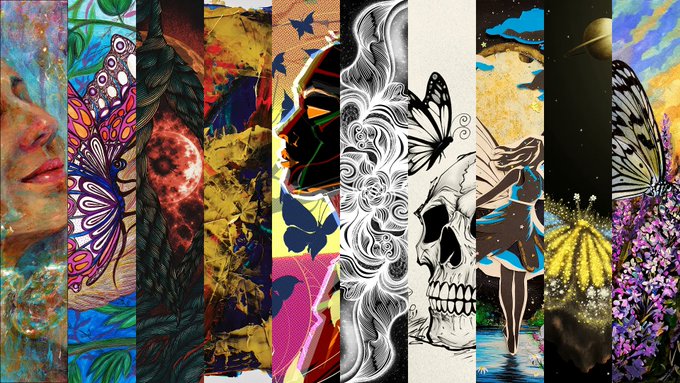 A collage of vertical artwork panels featuring diverse imagery including a woman's face, butterflies, a skull, planets, and floral designs.