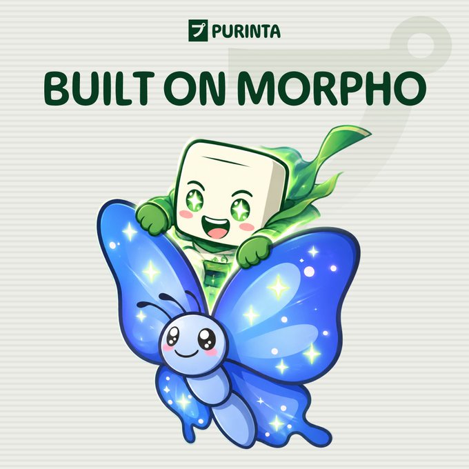 The image features the Purinta logo and "BUILT ON MORPHO" text above a cheerful cartoon character with sparkling star eyes riding a smiling blue butterfly adorned with glowing stars. The playful mascot reinforces the post's message of Purinta's secure, battle-tested lending infrastructure powered by Morpho's proven DeFi foundation.
