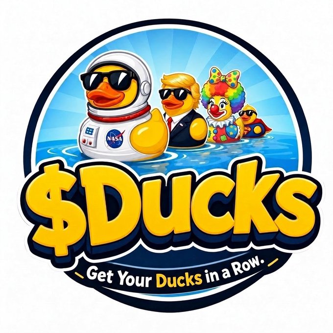 A circular logo for '$DUCKS' featuring cartoon ducks dressed as an astronaut (NASA suit), Donald Trump, a clown, and a superhero, with the tagline 'Get Your Ducks in a Row.'