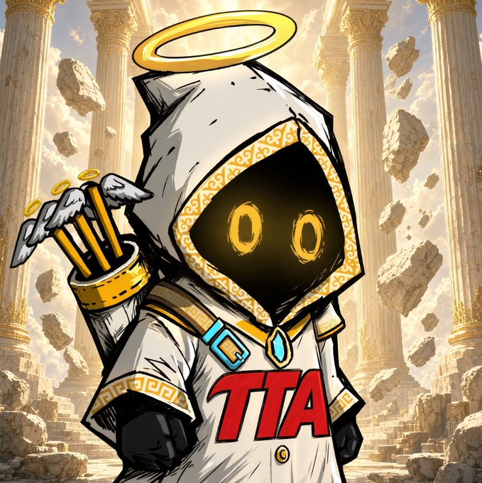 A digital artwork of a hooded robot character with golden halo and circular eyes, wearing a white suit with "TTA" in red letters across the chest, standing before floating Greek-style columns.