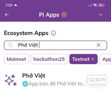 A mobile app screen titled 'Pi Apps' showing a search for 'Phố Việt' under Ecosystem Apps, filtered by 'Testnet' with an app priced at 12.53 Pi.