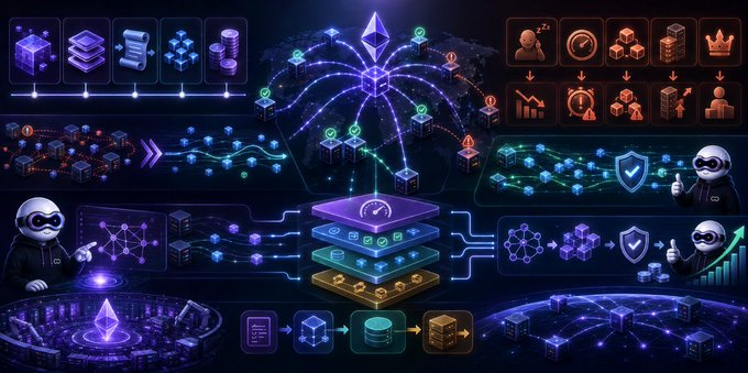 A stylized digital infographic depicting Ethereum's network infrastructure, featuring interconnected nodes, data layers, validators, and security symbols (including crowns, shields, and thumbs-up gestures) flowing through a central stack of colored blocks representing different protocol layers. The visualization complements the post's discussion of Ethereum's scaling challenges, illustrating the complex, multi-layered data flow and consensus mechanisms required to support rollups, blobs, and increased execution capacity across the network.