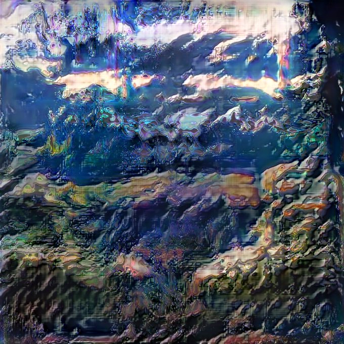 An abstract, heavily textured digital artwork with swirling blues, purples, and other colors creating a chaotic, impressionistic composition.