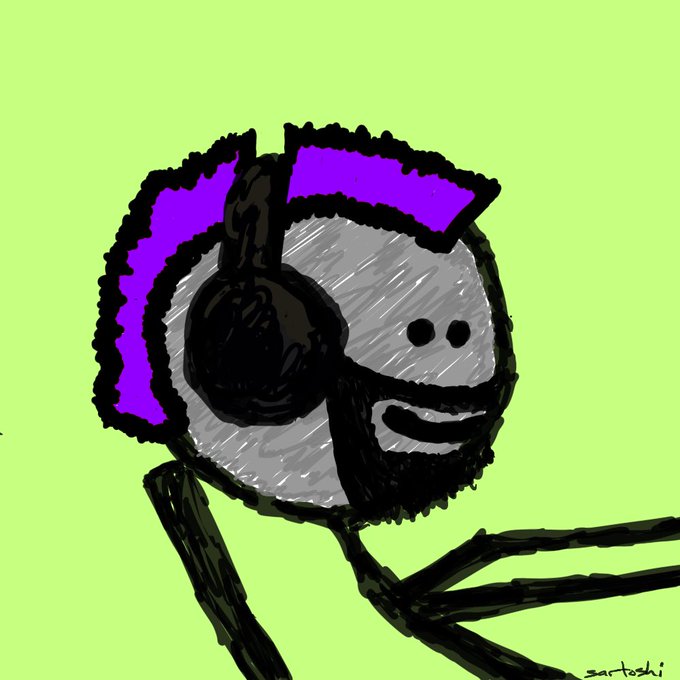 A crudely drawn cartoon of a smiling gray skull-like character with a large purple mohawk and headphones against a green background, signed 'sartoshi' in the corner.