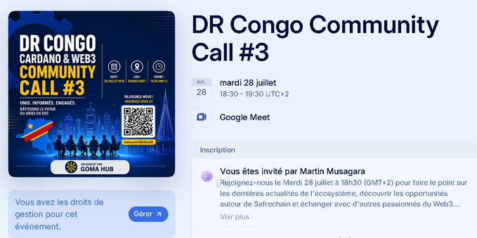 Event page for 'DR Congo Cardano & Web3 Community Call #3' scheduled for mardi 28 juillet at 18:30-19:30 UTC+2 on Google Meet, organized by Goma Hub.