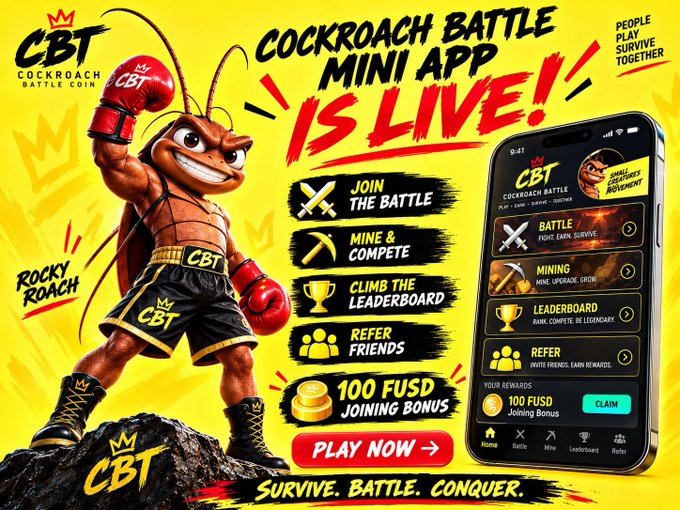 A vibrant yellow promotional banner for the "Cockroach Battle Mini App" featuring a muscular cockroach mascot wearing red boxing gloves and "CBT" branded shorts, announcing the app is live with features like "Join the Battle," "Mine & Compete," "Climb the Leaderboard," and "Refer Friends," alongside a smartphone mockup showing the app interface and a "100 FUSD Joining Bonus" offer. The image directly visualizes the airdrop announcement, highlighting the welcome bonus of 100 FUSD and the app's gaming features (battle, mining, leaderboard, referral rewards) tied to the FUSD and USDT token rewards mentioned in the post.