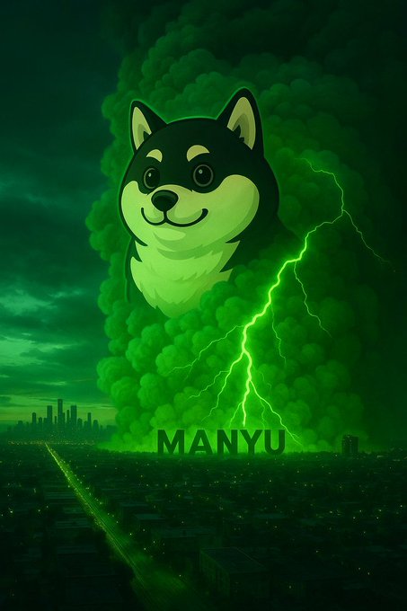 A meme-style digital artwork showing a giant Shiba Inu dog head emerging from green clouds above a dark city, with lightning bolts and the text 'MANYU' at the bottom.