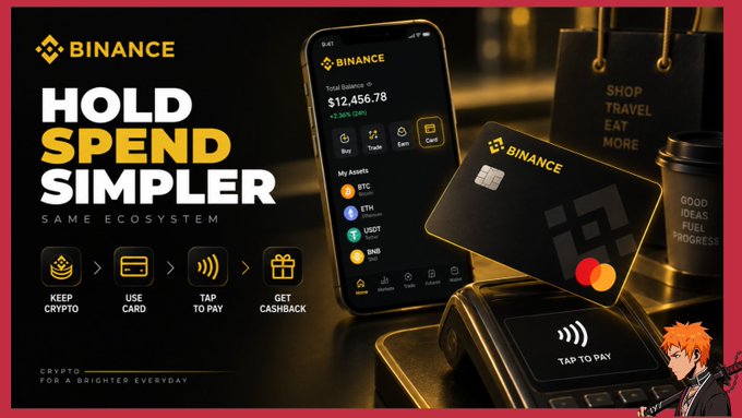 A Binance advertisement displaying "HOLD SPEND SIMPLER SAME ECOSYSTEM" alongside the Binance app interface showing a balance of $12,456.78 in assets.