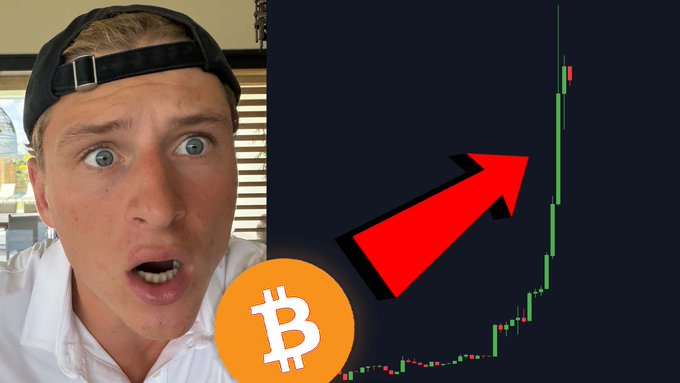 A surprised young man wearing a backwards cap appears alongside a Bitcoin price chart with a large red upward arrow, illustrating the post's claim about Bitcoin pumping. The Bitcoin "₿" logo is prominently displayed in the center, connecting the man's shocked reaction to the cryptocurrency's dramatic price increase shown in the candlestick chart.