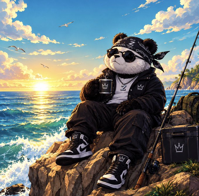A stylized digital illustration depicts a cool panda wearing a black bandana, sunglasses, a leather jacket, and high-top sneakers, sitting on a rocky cliff by the ocean at sunset while holding a cup and fishing rod.