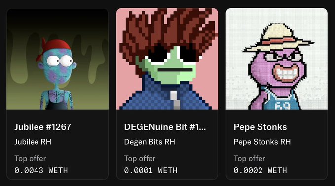 Three Robinhood Wallet NFT cards are displayed, featuring "Jubilee #1267" (Jubilee RH) at 0.0043 WETH, "DEGENuine Bit #1..." (Degen Bits RH) at 0.0001 WETH, and "Pepe Stonks" (Pepe Stonks RH) at 0.0002 WETH. The image illustrates the user's complaint about receiving unsolicited, low-value meme NFT airdrops on their Robinhood account.
