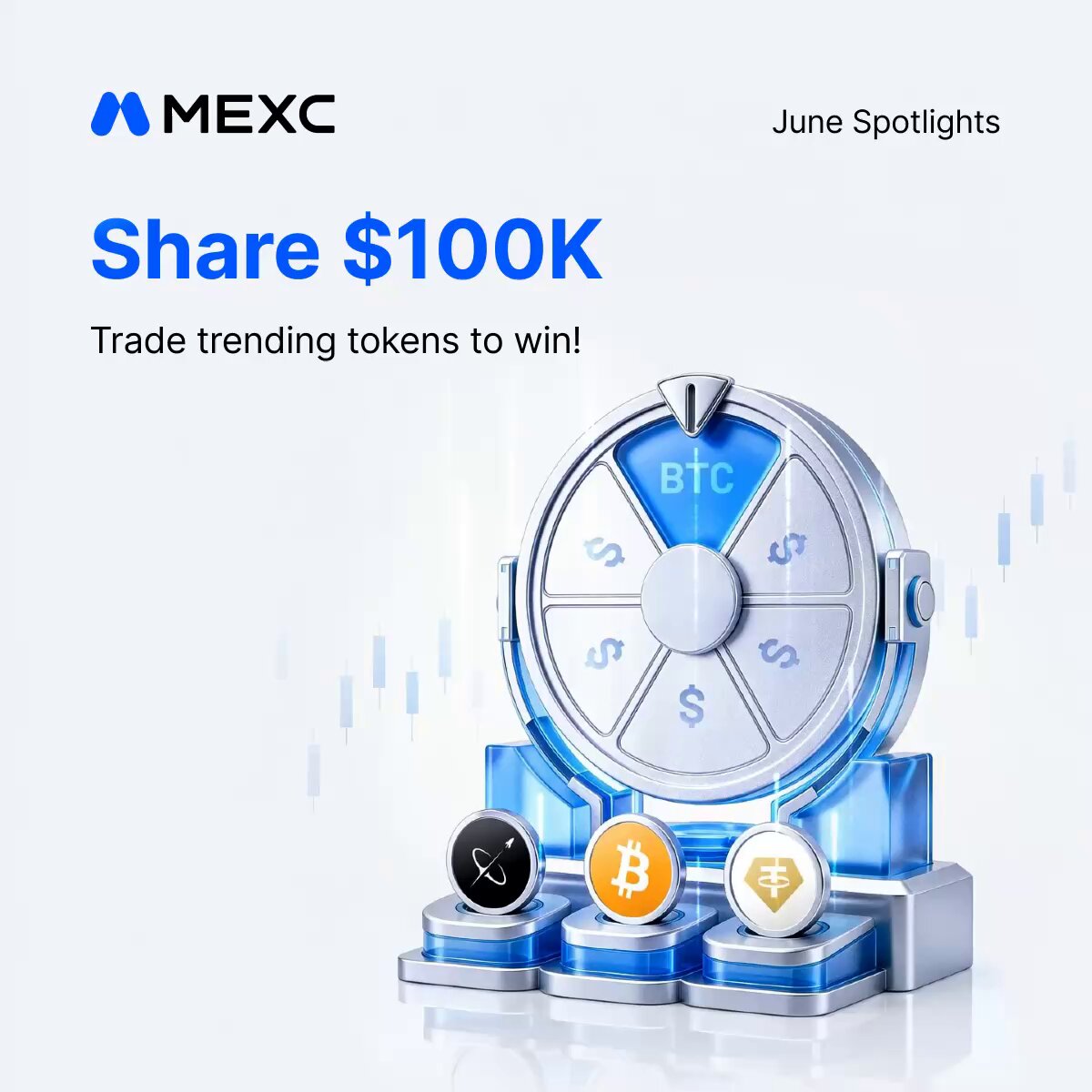 The image features a digital advertisement related to Bitcoin, which shows a spinning wheel with four different colored tokens labeled "BTC", "ETH", and two smaller blue ones with a dollar sign. The text at the top of the image announces an upcoming campaign for a Share $100k Trade Trending Tokens to Win, offering participants the chance to potentially win Bitcoin or other digital assets. The goal is to generate 100,000+ US Dollars in reward, which can be used as payment for Bitcoin or another cryptocurrency exchange service. The post's target audience seems likely to be interested in Bitcoin and trading strategies, given its subject matter and promotional material.