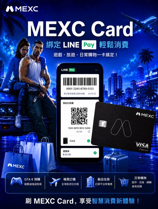 The image is a promotional advertisement for the MEXC Card, featuring a city nightscape with characters from a video game, alongside a smartphone displaying a LINE Pay interface and a black MEXC Visa Platinum card. Key text highlights include "MEXC Card 綁定LINE Pay 輕鬆消費" (Bind to LINE Pay for easy spending) and icons at the bottom showcasing use cases like "GTA 6 預購" (GTA 6 pre-order), flights, hotels, and shopping, directly supporting the post's message about spending USDT for gaming, travel, and daily purchases.