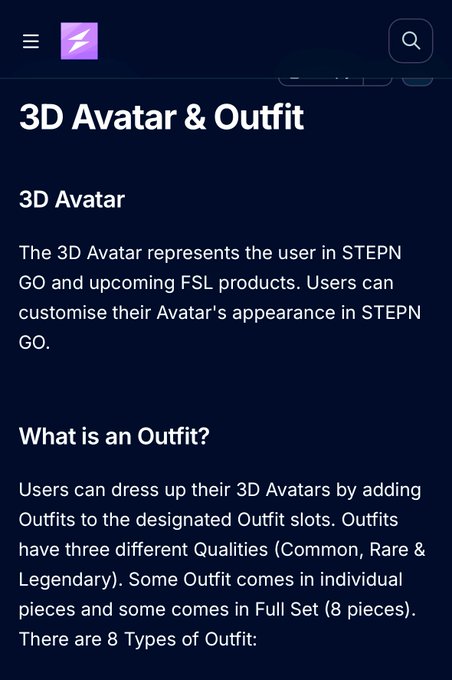 The image shows a screenshot of a website called "3D Avatar & Outfit" with a purple header at the top, displaying information about 3D avatar outfits. The text on the screen reads "What is an outfit? Users can dress up their 3D avatars by adding outfits to the designated outfits that have three different qualities (Common, Rare and Legendary). There are eight types of outfits in total".