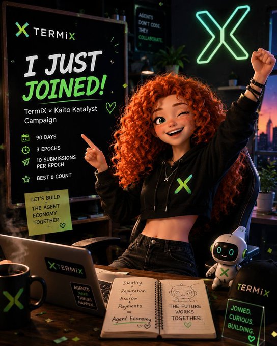 A stylized cartoon illustration with 'TERMIX' branding showing a red-haired woman at a desk with text 'I JUST JOINED!' and 'TermiX x Kaito Katalyst Campaign' featuring 90 days, 3 epochs, and 10 submissions per epoch.