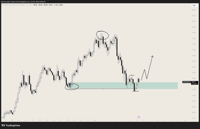 The image shows a chart with a green line that represents the price movement over time, possibly showing the performance of Bitcoin or another cryptocurrency. The chart has a black border around it, making it stand out against the beige background. The title "HYPE long trigger" suggests that there is some sort of trading strategy in place for this particular coin. The post also mentions that the coin is still looking very bullish and could potentially benefit from a rotation.