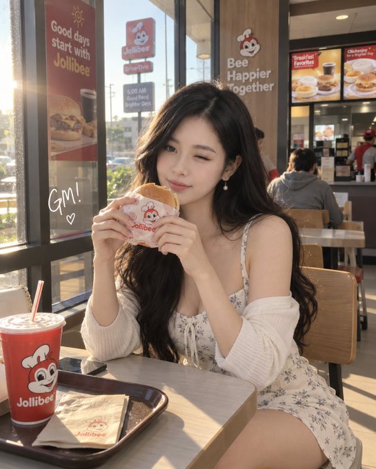 A young woman winks while holding a Jollibee burger at a restaurant, with a Jollibee drink cup and napkin on her tray and signage reading "Good days start with Jollibee" and "Bee Happier Together" in the background.