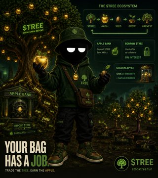 A promotional graphic for 'STREE' by StreeGrove.fun featuring a hooded cartoon character in green with text reading 'YOUR BAG HAS A JOB: TRADE THE TREE, EARN THE APPLE' and details about 'THE STREE ECOSYSTEM' including Apple Bank, Borrow Tree, and Golden Apple rewards.