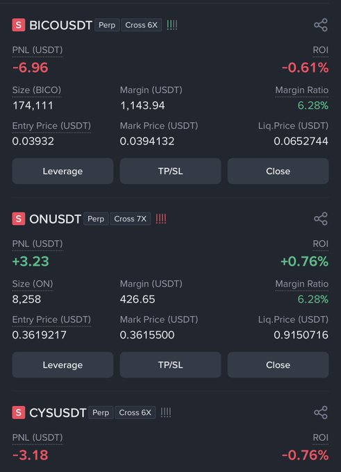 A trading portfolio screenshot showing three perpetual positions—BICOUSDT (6X) at -6.96 PNL, ONUSDT (7X) at +3.23 PNL, and CYSUSDT (6X) at -3.18 PNL—visually reinforcing the poster's claim about dumping underperforming coins like BICO and CYS while holding onto winners like ON.