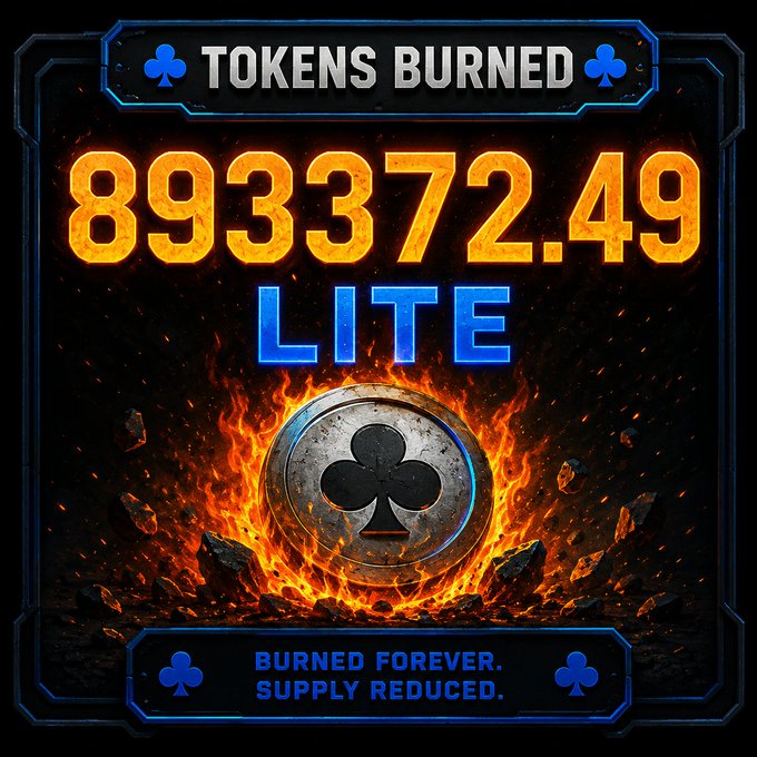 A graphic displaying 'TOKENS BURNED' showing 8,933,72.49 LITE, featuring a burning club symbol with the text 'BURNED FOREVER. SUPPLY REDUCED.'