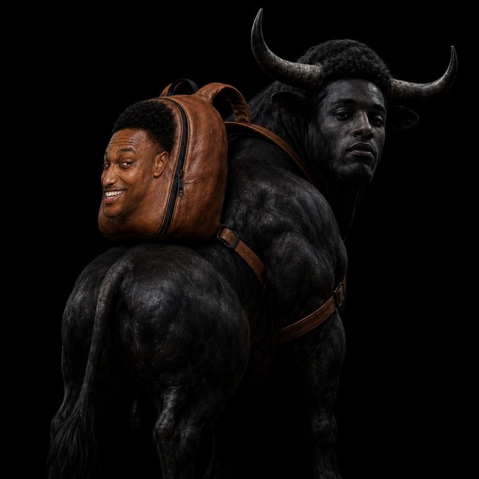 A muscular black bull with large horns carries a brown leather backpack featuring a smiling man's face on it, set against a dark background — a visual pun on the "BlackPack" meme token promotion, with the bull symbolizing strength while the cartoonish smiling head embodies the playful, meme-driven nature of the Solana-based project.