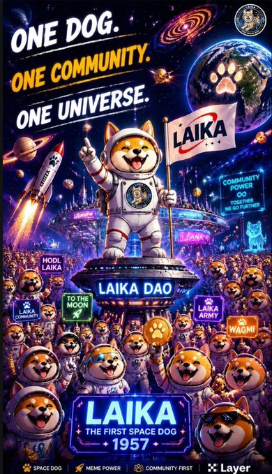 A promotional poster for 'LAIKA DAO' features a Shiba Inu dog in an astronaut suit holding a 'LAIKA' flag, with text reading 'ONE DOG. ONE COMMUNITY. ONE UNIVERSE.' and 'LAIKA THE FIRST SPACE DOG 1957'.