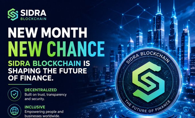The image is a promotional graphic for Sidra Blockchain featuring the text "NEW MONTH NEW CHANCE" and "SIDRA BLOCKCHAIN IS SHAPING THE FUTURE OF FINANCE," alongside a stylized city skyline and a glowing 3D coin displaying the Sidra logo with the tagline "THE FUTURE OF FINANCE." Two key features are highlighted as icons at the bottom: "DECENTRALIZED" (built on trust, transparency, and security) and "INCLUSIVE" (empowering people and businesses worldwide), which directly reinforce the post's message about August bringing new possibilities and Sidra Blockchain building a secure, transparent, and inclusive financial ecosystem.