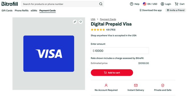 A Bitrefill webpage displaying a Digital Prepaid Visa card product priced at $10,000 with an estimated price of $10,150, rated 4.8 stars from 763 reviews. The image supports the post's claim about Bitrefill being a good service by showcasing one of their available payment card products for purchase.