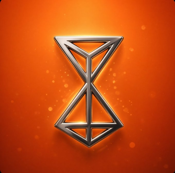 A silver metallic geometric symbol resembling an hourglass or bowtie design against a glowing orange background.