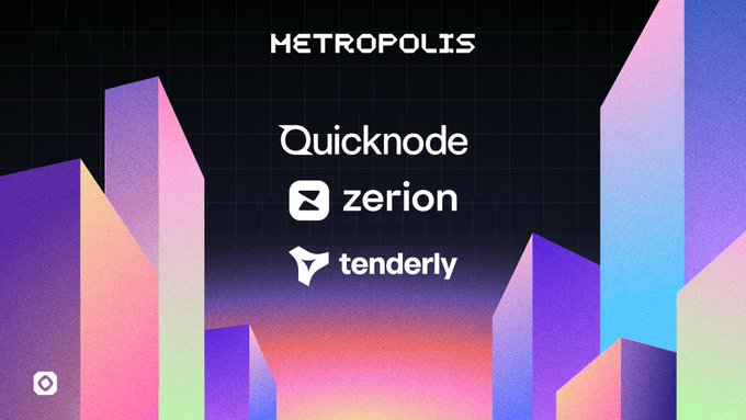 A retro-styled digital cityscape with gradient skyscrapers displays logos for 'METROPOLIS', 'Quicknode', 'Zerion', and 'Tenderly' against a purple and pink neon background.