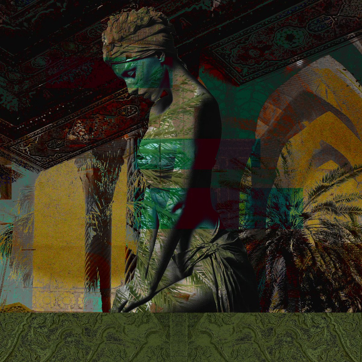 The image features a woman with her back turned, wearing a head wrap or turban, standing against a green background that includes palm trees and an archway. The photo has been edited using a filter, giving it a surreal appearance. The caption of the image reads "Collected 'Somewhere Between Paradise and Loneliness' by @matiliart #tezostuesday".