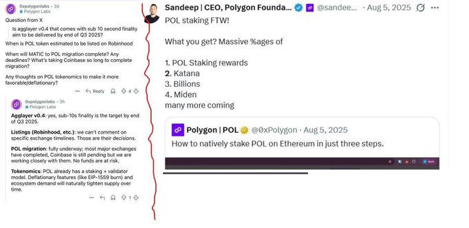 A screenshot of a Twitter/X thread discussing Polygon ($POL) tokenomics, featuring a poll by Sandeep (@sandeepnailwal) asking what viewers got from 'POL staking FTW!' and responses from @0xPolygonLabs.
