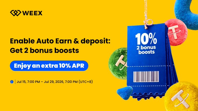 A WEEX promotional graphic on a yellow background advertises their Auto Earn feature, featuring a blue hangtag-style graphic displaying "10% 2 bonus boosts" alongside colorful fuzzy "T" symbols representing USDT, with the campaign running from July 15, 2026, 7:00 PM to July 29, 2026, 7:00 PM (UTC+8) offering an extra 10% APR for users who enable Auto Earn and deposit.