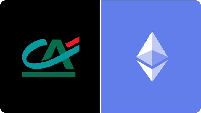 Crédit Agricole's CA logo is displayed alongside the Ethereum (ETH) logo, visually representing the French banking giant's partnership to launch the EURXT euro-pegged stablecoin on the Ethereum blockchain.