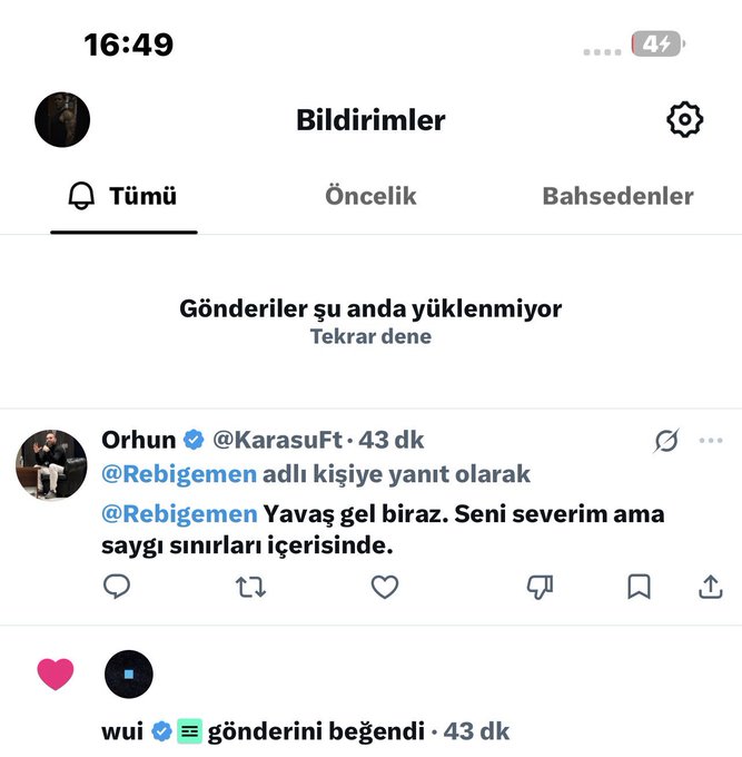 A screenshot of a Turkish-language Twitter/X notifications page showing a reply from @KarasuFt (Orhun) to @Rebigemen saying 'Yavaş gel biraz. Seni severim ama saygı sınırları içerisinde.' (Come on slowly. I like you but within the limits of respect.)