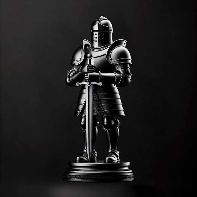 A glossy black knight figurine in full plate armor stands at attention, holding a sword vertically point-down on a decorative circular base against a dark background.