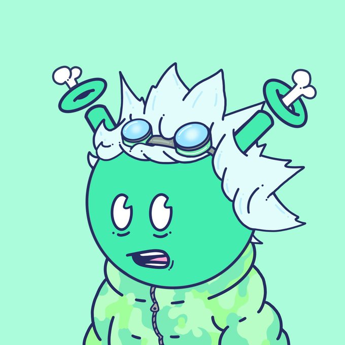A cartoon character with spiky white hair, round blue glasses perched on its head, and two green antenna-like rods sticking out from the sides looks surprised, wearing a green camouflage hoodie against a mint background. The quirky, expressive style fits the playful NFT branding of "quirkiesnft" referenced in the post.