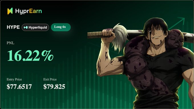 A promotional graphic for HyprEarn shows a 16.22% PNL on a HYPE/Hyperliquid 6x Long position with entry price $77.6517 and exit price $79.825, featuring an anime-style character.
