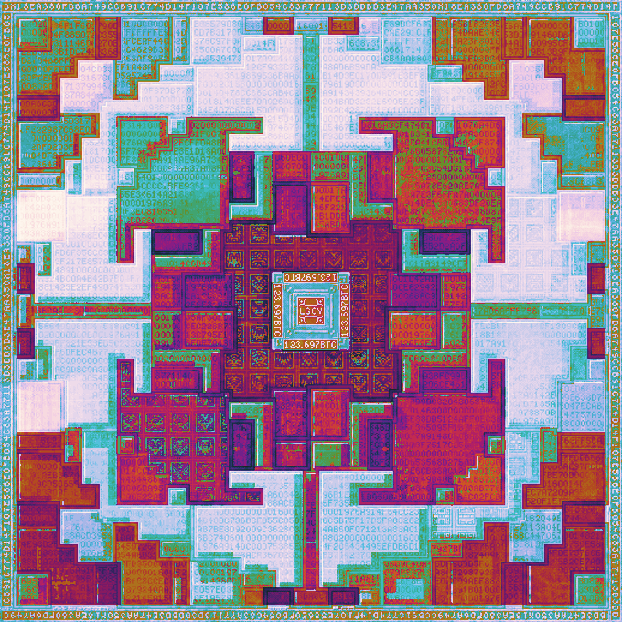A complex, symmetrical, psychedelic digital artwork featuring a kaleidoscopic pattern with red, teal, and white colors, surrounded by a border of hexadecimal text strings.