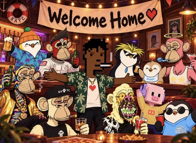 A digital illustration featuring a pixelated figure in a Hawaiian shirt surrounded by various NFT characters including Bored Apes and Pudgy Penguins, with a 'Welcome Home' banner displayed above.