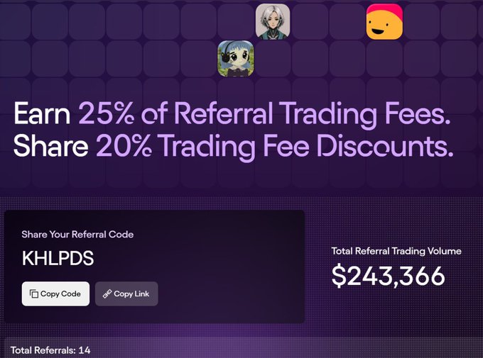 A referral program dashboard for Ondo Perps showing a code "KHLPDS" that earns 25% of referral trading fees and shares 20% trading fee discounts, with a total referral trading volume of $243,366 and 14 referrals, reflecting the success of the user's month-long trading promotion mentioned in their post.