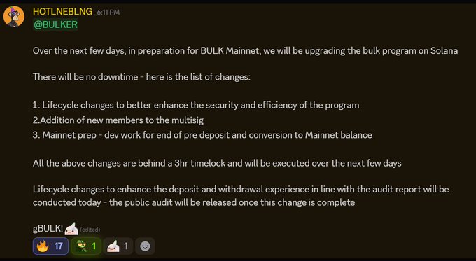 A Discord message from 'HOTLNEBLNG' in the '@BULKER' channel detailing upcoming upgrades to the BULK program on Solana in preparation for BULK Mainnet.