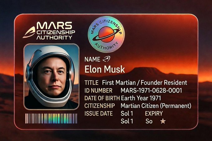 A satirical 'Mars Citizenship Authority' ID card for Elon Musk, titled 'First Martian / Founder Resident', ID number MARS-1971-0628-0001, showing him in an astronaut helmet against a Martian landscape.