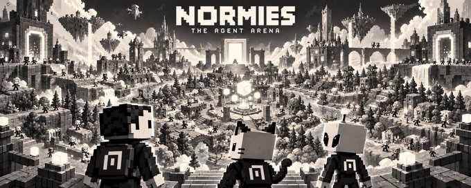 Three blocky robot characters stand in the foreground overlooking a vast pixelated arena, with the title "NORMIES - THE AGENT ARENA" displayed prominently at the top. The scene suggests a view of an expansive multiplayer game world, visually representing a "holder's perspective" as the robotic agents gaze out over the sprawling digital landscape.